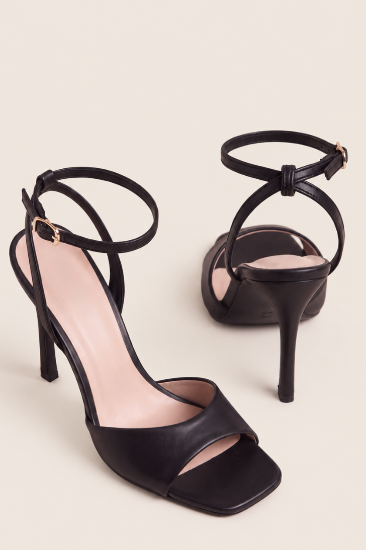 Black Faux Leather Square Toe Strappy Heels - Alpha