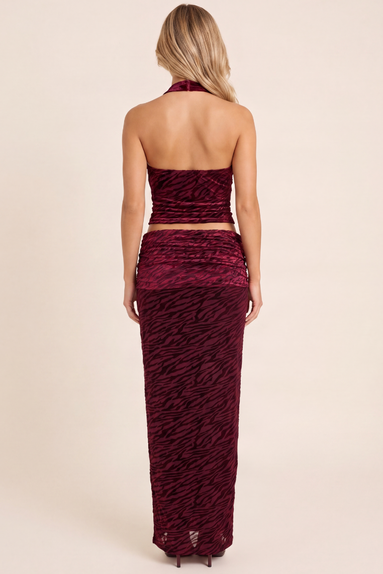 Wine Velvet Zebra Devore Cowl Halter Top and Maxi Skirt Co-ord Set - Gerry
