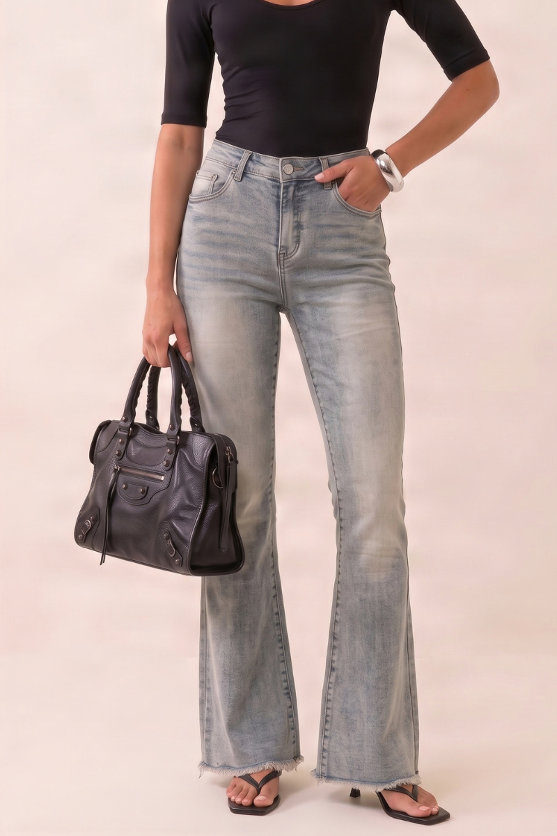 Light Blue Vintage Washed Stretch Denim Frayed Hem Flare Leg Jeans - Carys