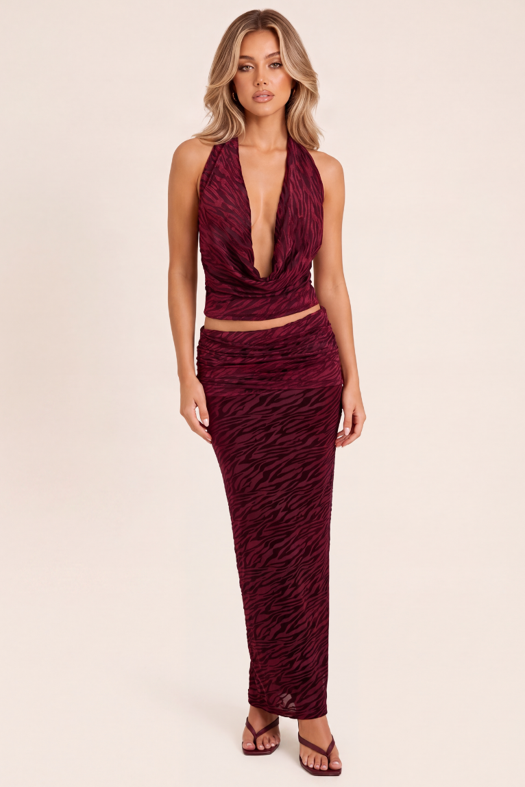 Wine Velvet Zebra Devore Cowl Halter Top and Maxi Skirt Co-ord Set - Gerry