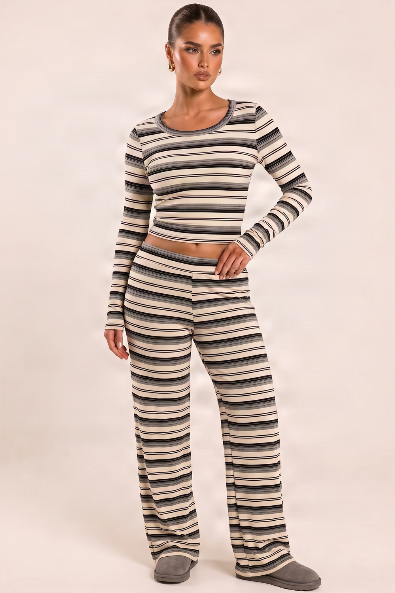 Cream Striped Top and Trouser Loungewear Co-ord Set - Simran