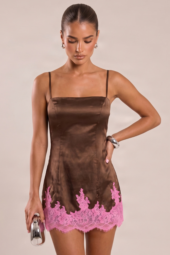 Chocolate Contrast Lace Trim Slip Mini Dress - Fleur