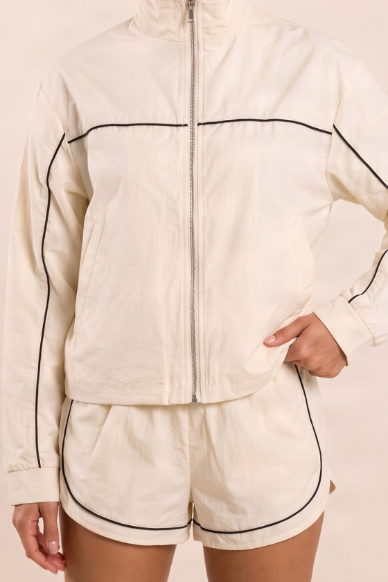 Cream Contrast Piping Track Jacket and Shorts Co-ord Set - Victoria