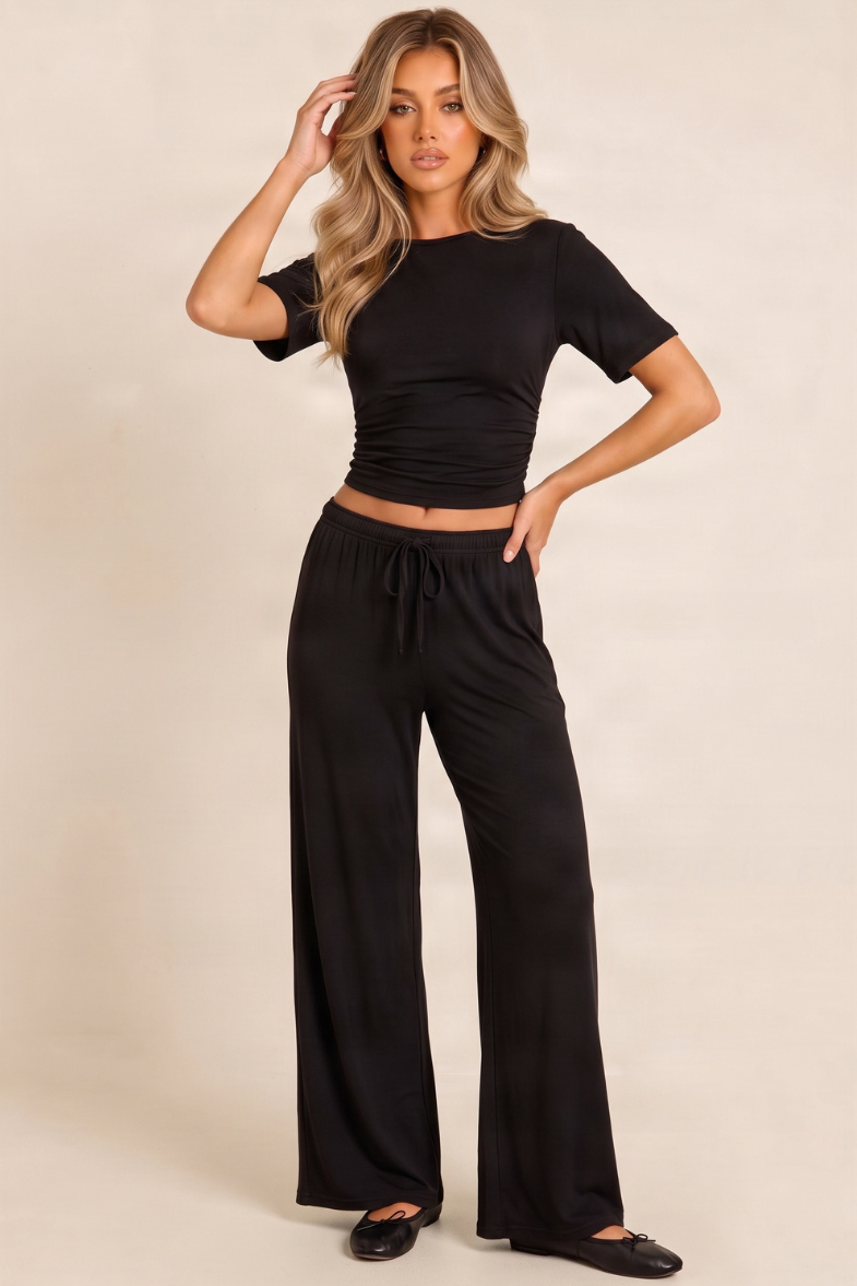 Black Brushed Soft Touch Cinched T-shirt And Trouser Loungewear Co-ord Set - Albertina