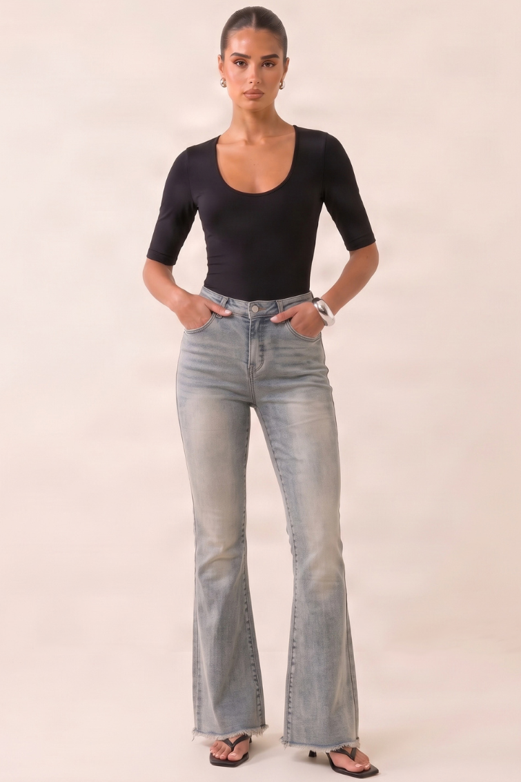 Light Blue Vintage Washed Stretch Denim Frayed Hem Flare Leg Jeans - Carys
