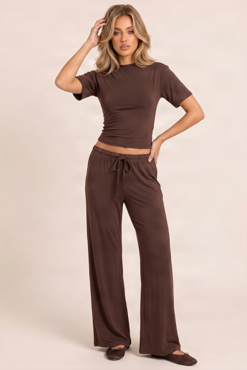 Chocolate Brushed Soft Touch Cinched T-shirt And Trouser Loungewear Co-ord Set - Albertina