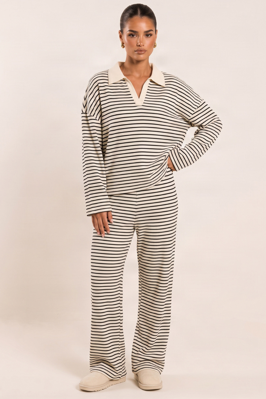 Cream Striped Knitted Collared Jumper and Trouser Co-ord Set - Reanna