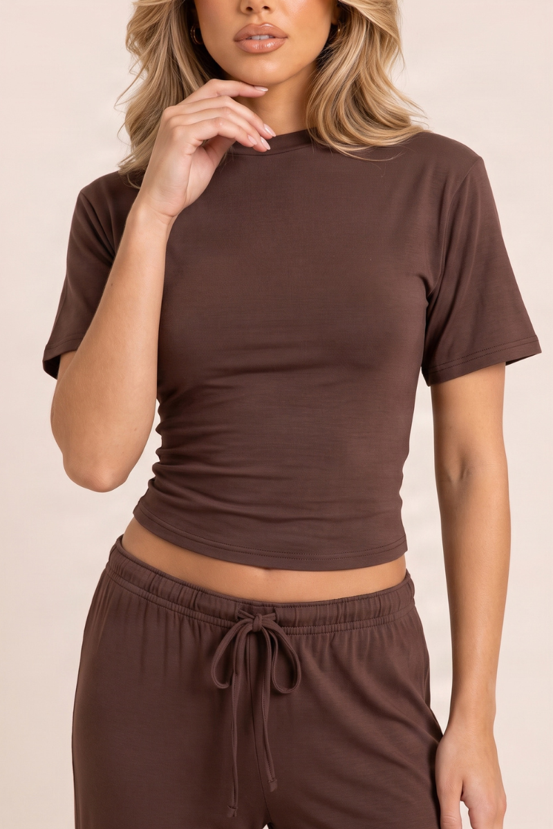 Chocolate Brushed Soft Touch Cinched T-shirt And Trouser Loungewear Co-ord Set - Albertina