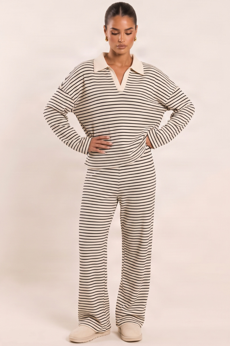 Cream Striped Knitted Collared Jumper and Trouser Co-ord Set - Reanna
