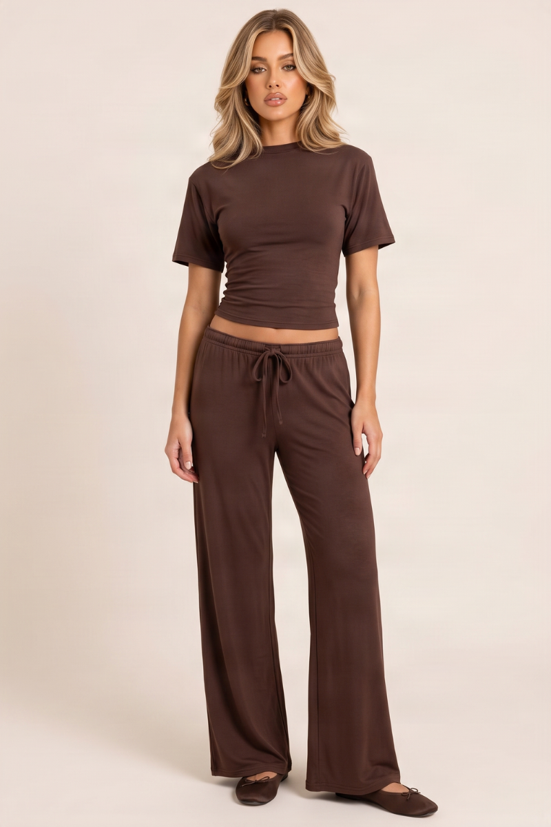 Chocolate Brushed Soft Touch Cinched T-shirt And Trouser Loungewear Co-ord Set - Albertina