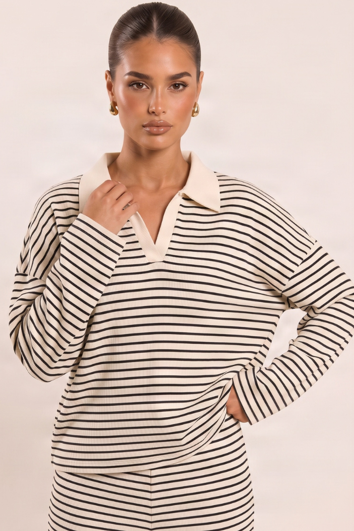 Cream Striped Knitted Collared Jumper and Trouser Co-ord Set - Reanna