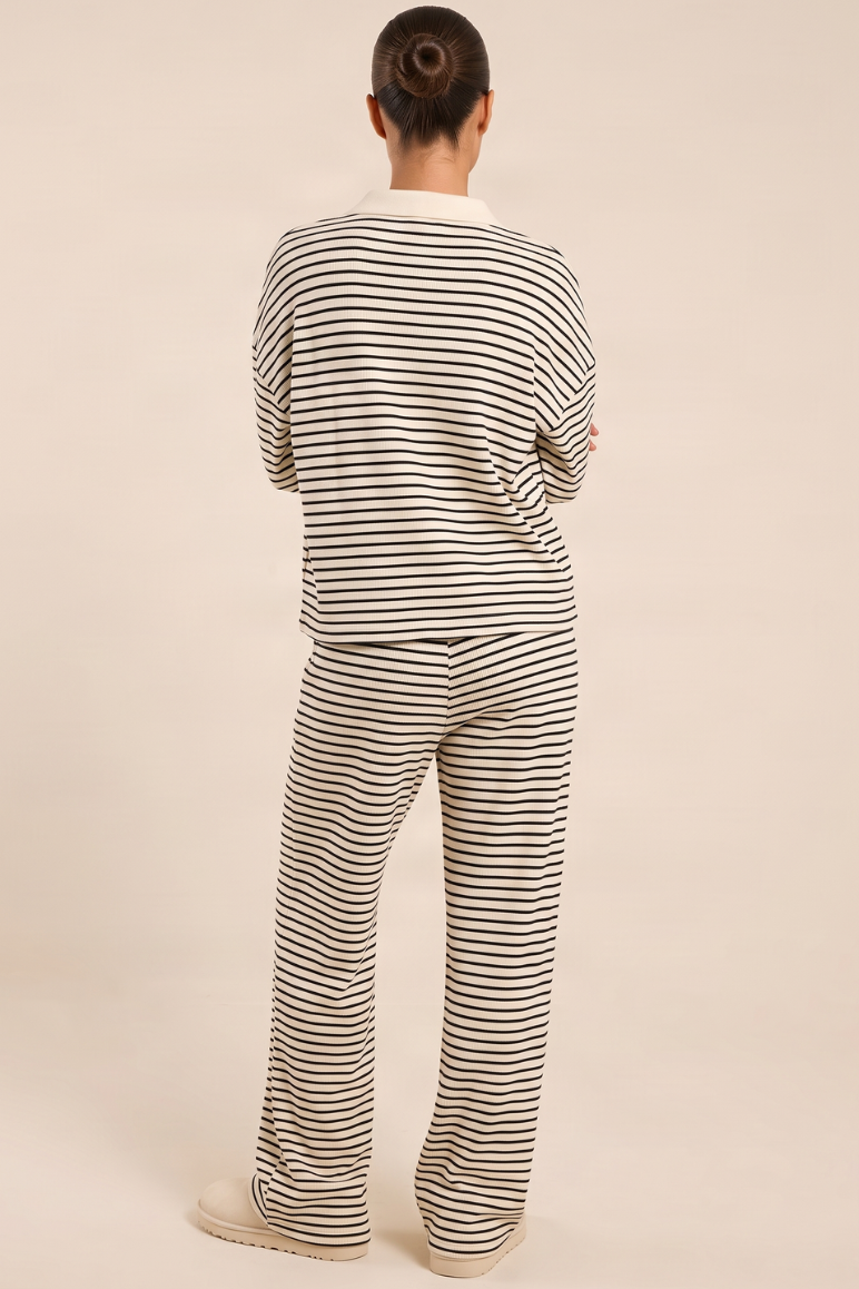 Cream Striped Knitted Collared Jumper and Trouser Co-ord Set - Reanna