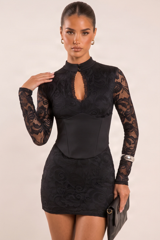 Black Lace Long Sleeve Corset Detail Mini Dress - Shelby