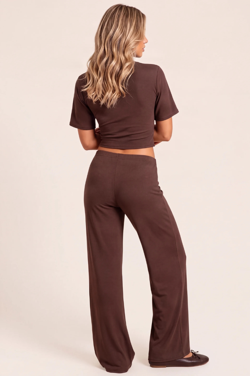Chocolate Brushed Soft Touch Cinched T-shirt And Trouser Loungewear Co-ord Set - Albertina