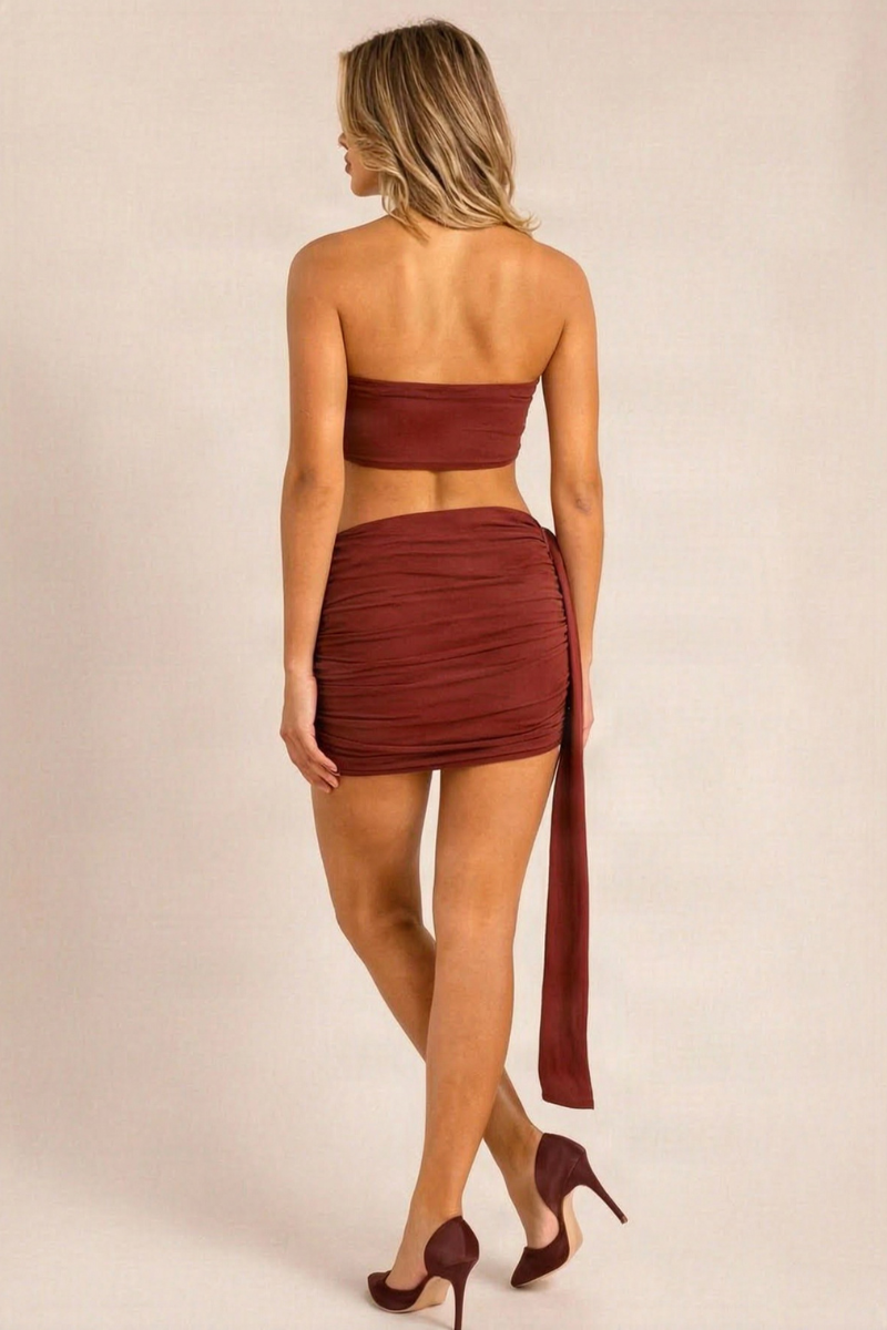 Wine Slinky Trim Detail Bandeau Top and Drape Mini Skirt Co-ord Set - Holland