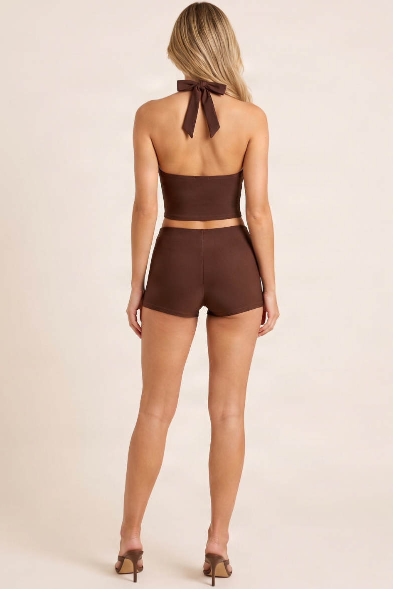 Chocolate Bengaline Halter Trim Detail Crop Top and Micro Short Co-ord Set - Seena