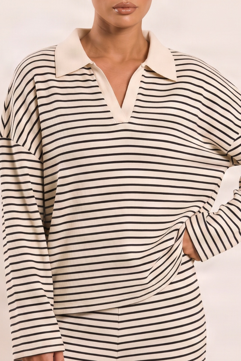 Cream Striped Knitted Collared Jumper and Trouser Co-ord Set - Reanna