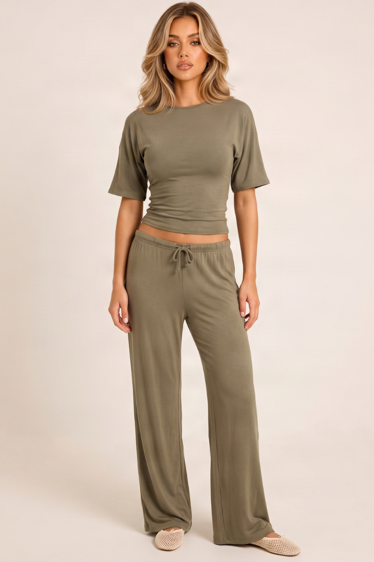 Taupe Brushed Soft Touch Cinched T-shirt And Trouser Loungewear Co-ord Set - Albertina