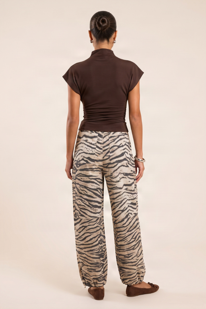 Beige Zebra Print Woven Barrel Leg Trousers - Drew