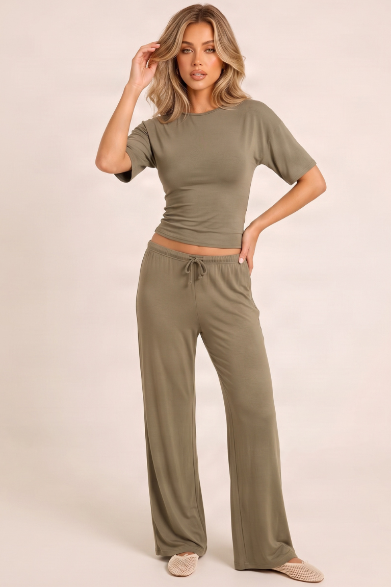 Taupe Brushed Soft Touch Cinched T-shirt And Trouser Loungewear Co-ord Set - Albertina