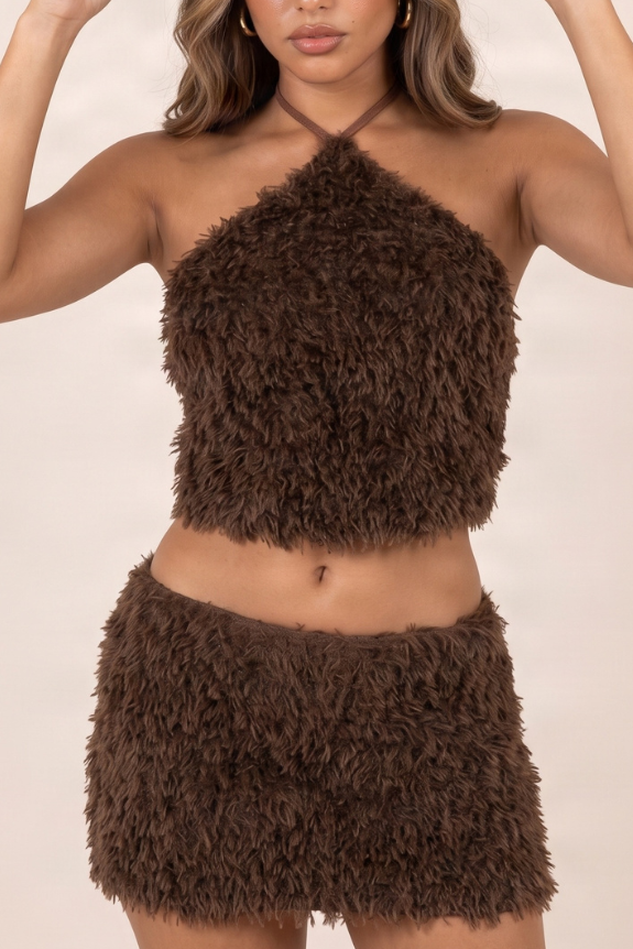 Chocolate Shaggy Textured Halterneck Top and Mini Skirt Co-ord Set - Aisha