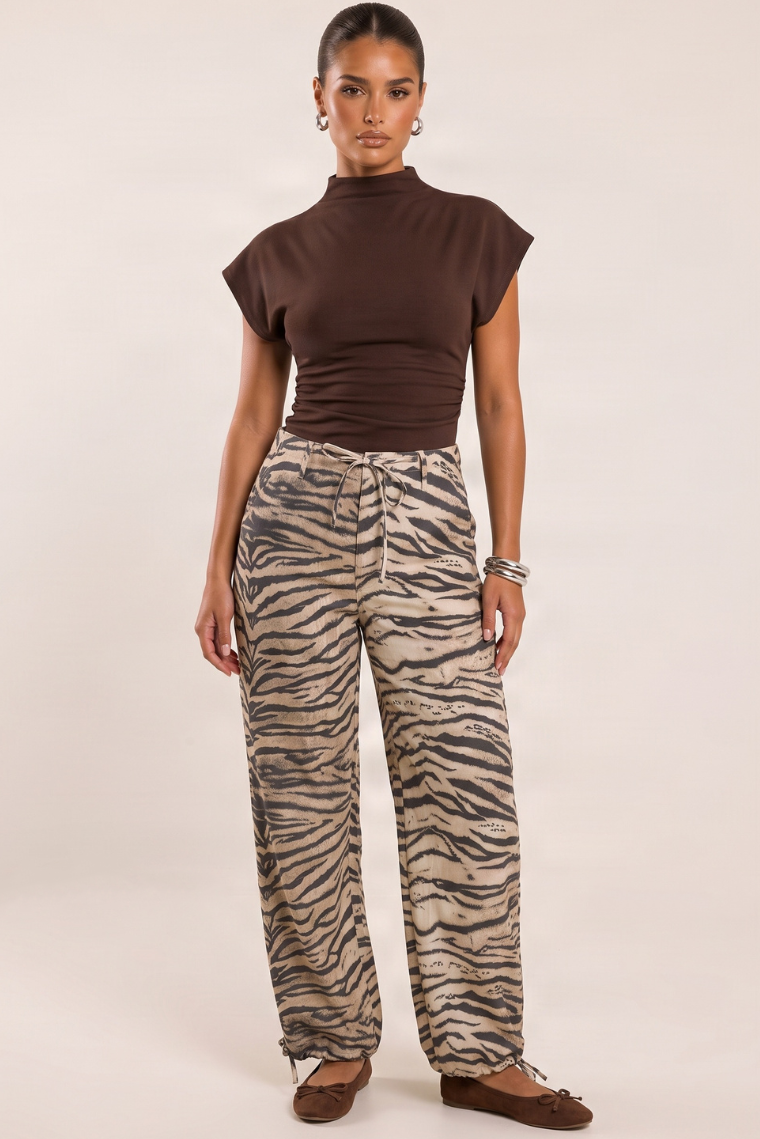 Beige Zebra Print Woven Barrel Leg Trousers - Drew
