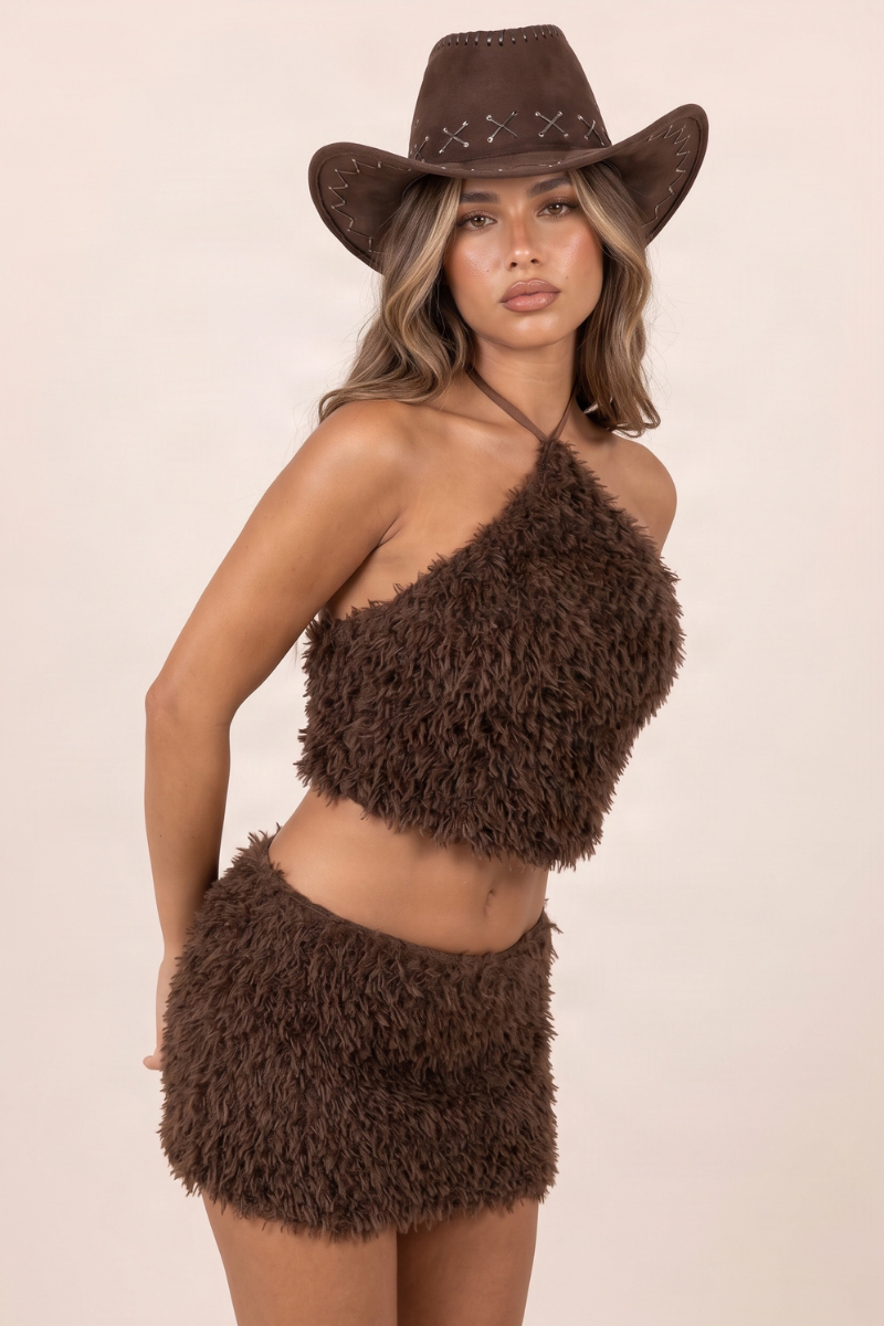 Chocolate Shaggy Textured Halterneck Top and Mini Skirt Co-ord Set - Aisha