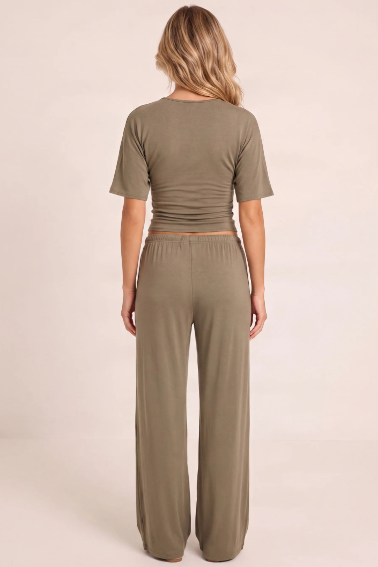 Taupe Brushed Soft Touch Cinched T-shirt And Trouser Loungewear Co-ord Set - Albertina