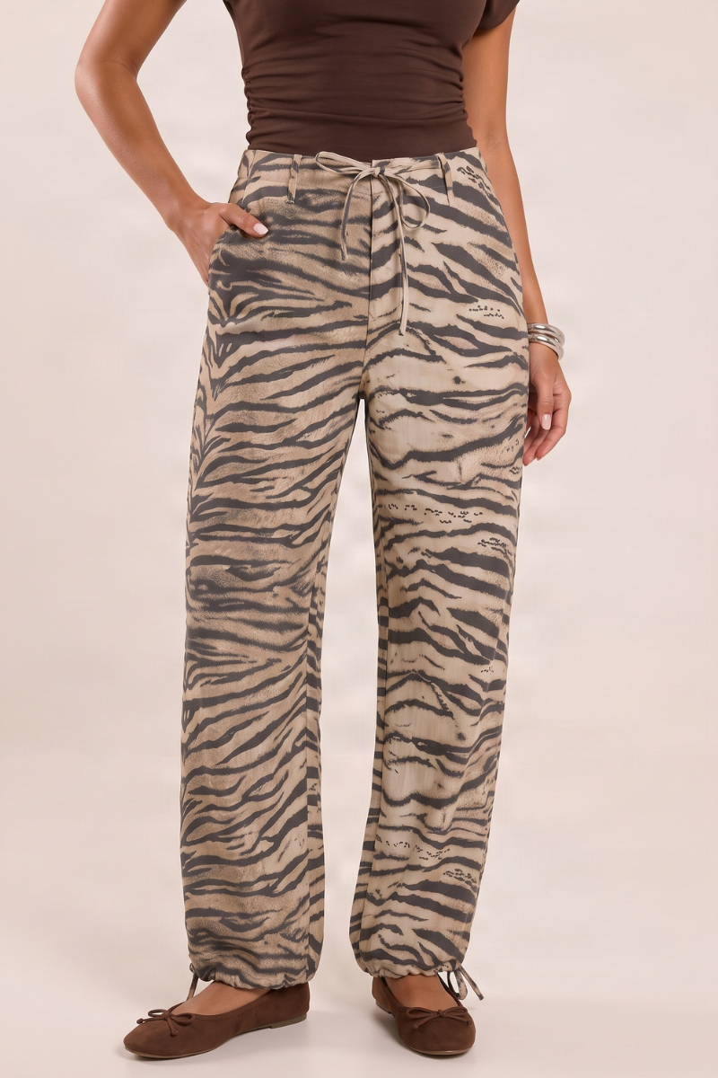 Beige Zebra Print Woven Barrel Leg Trousers - Drew