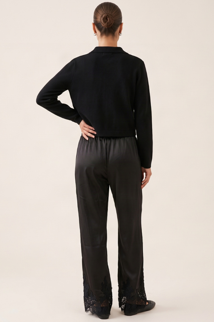 Black Lace Trim Satin Trouser - Daisee
