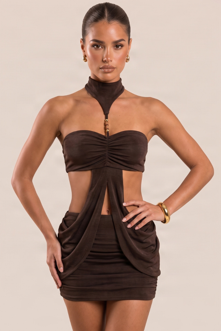 Chocolate High Neck Beaded Cut Out Draped Mini Dress - Janella