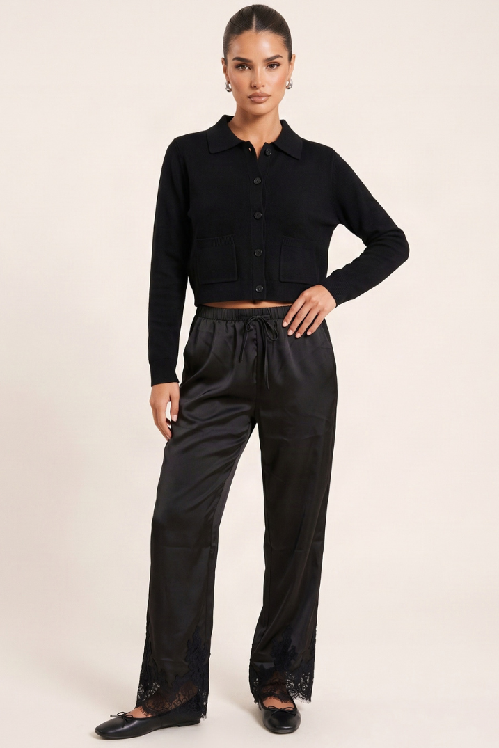 Black Lace Trim Satin Trouser - Daisee