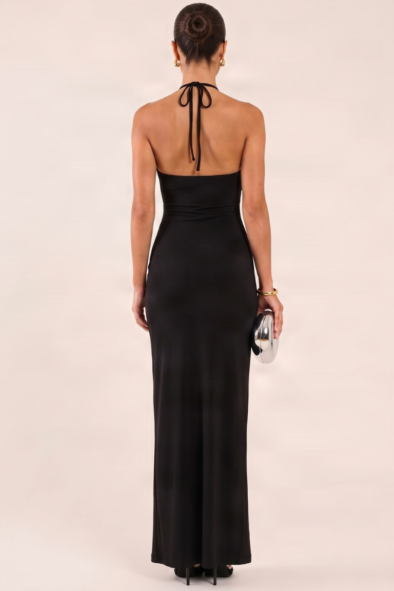 Black Trim Detail Halterneck Split Maxi Dress - Tara