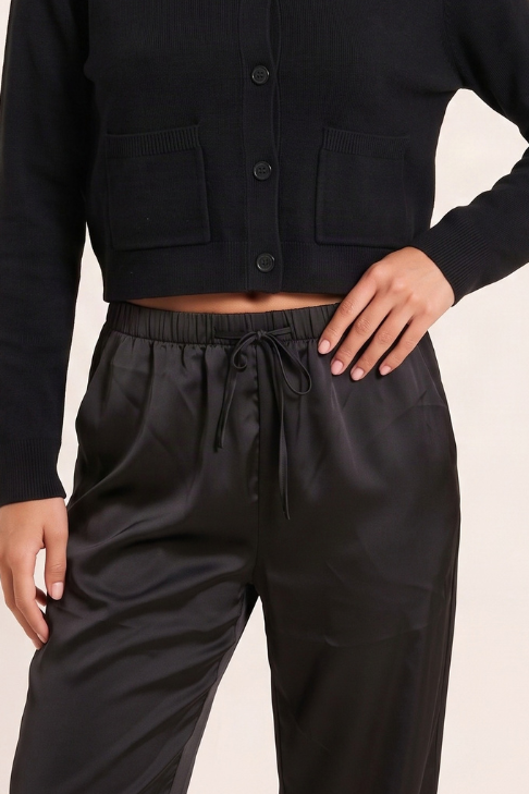 Black Lace Trim Satin Trouser - Daisee
