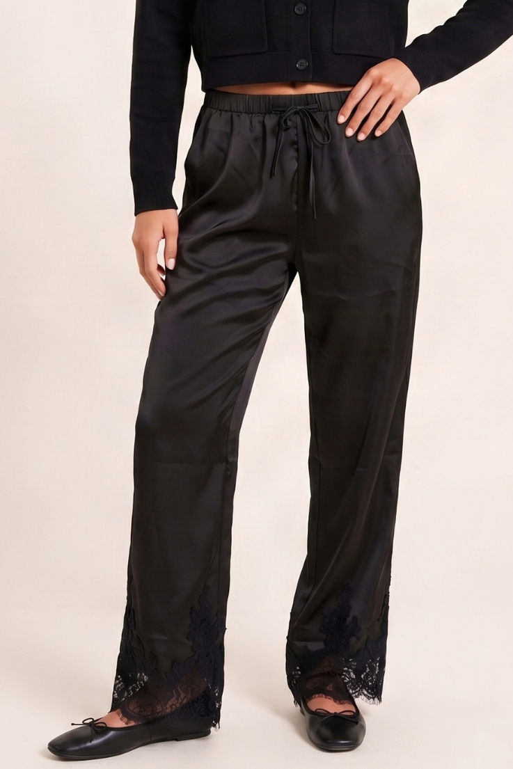 Black Lace Trim Satin Trouser - Daisee