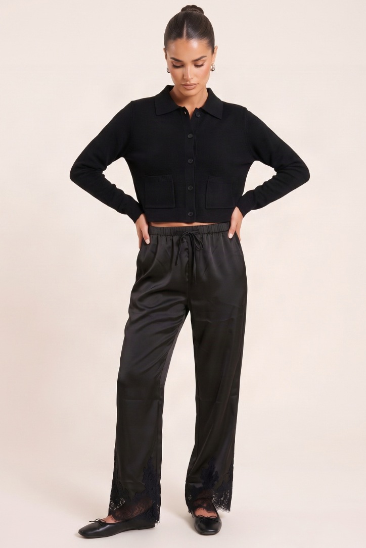 Black Lace Trim Satin Trouser - Daisee