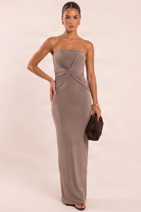 Mocha Bandeau Twist Mini Dress - Evah