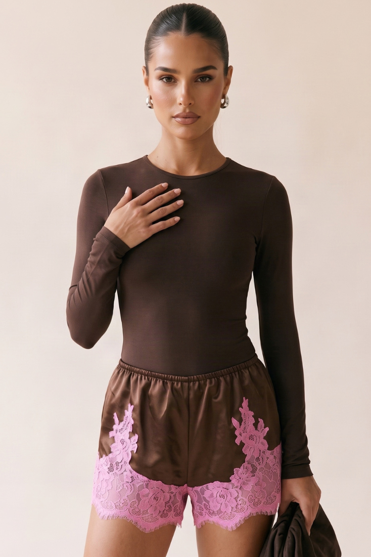 Chocolate Satin Lace Trim Shorts - Paris