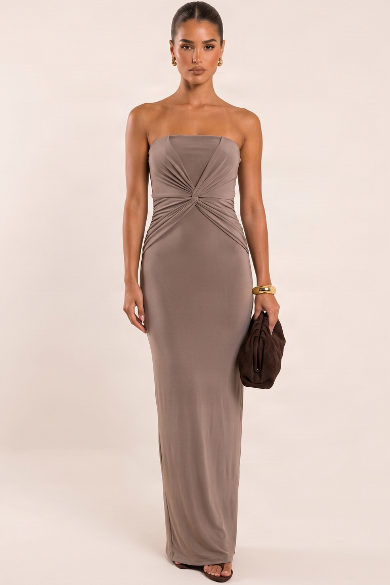 Mocha Bandeau Twist Mini Dress - Evah