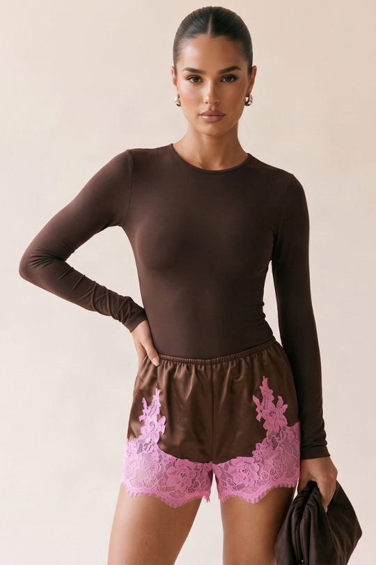 Chocolate Satin Lace Trim Shorts - Paris