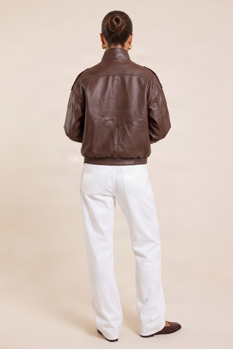 Chocolate Faux Leather Funnel Neck Oversized Bomber Jacket - Deanna