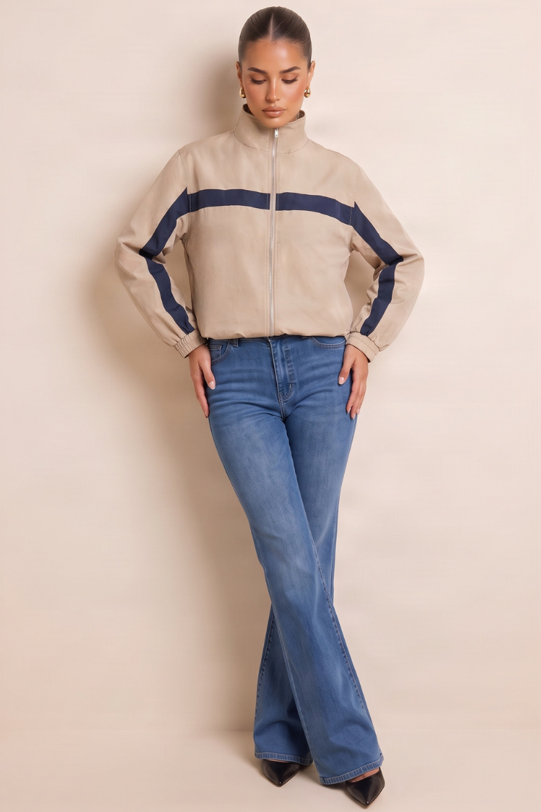 Taupe High Neck Contrast Stripe Zip Through Jacket - Stacy