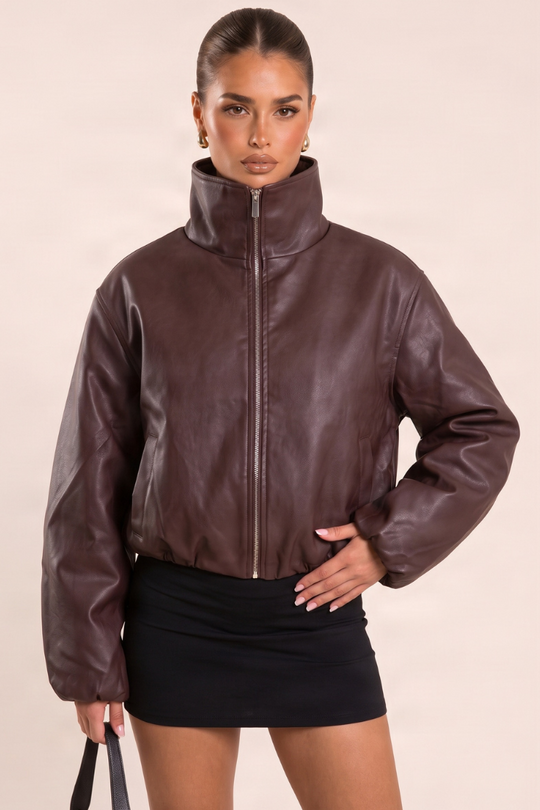 Chocolate Faux Leather Funnel Neck Oversized Bomber Jacket - Orlana
