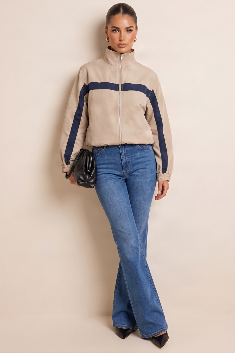 Taupe High Neck Contrast Stripe Zip Through Jacket - Stacy