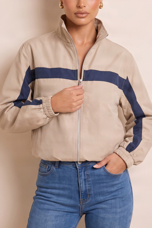 Taupe High Neck Contrast Stripe Zip Through Jacket - Stacy