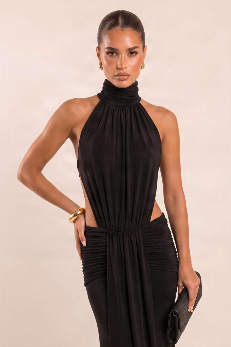 Black High Neck Draped Maxi Dress - Aranza