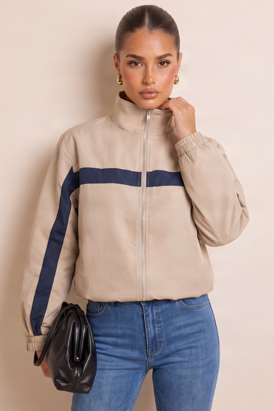 Taupe High Neck Contrast Stripe Zip Through Jacket - Stacy