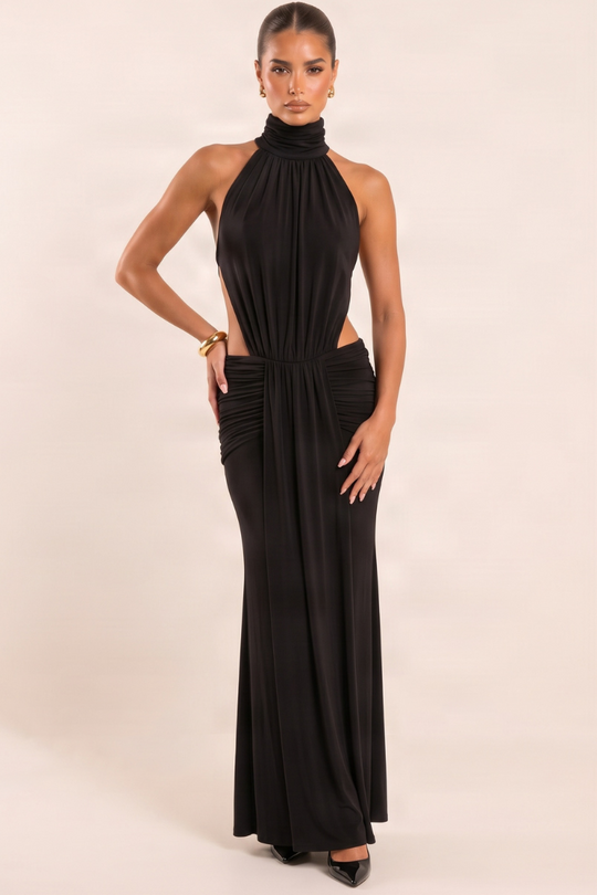 Black High Neck Draped Maxi Dress - Aranza