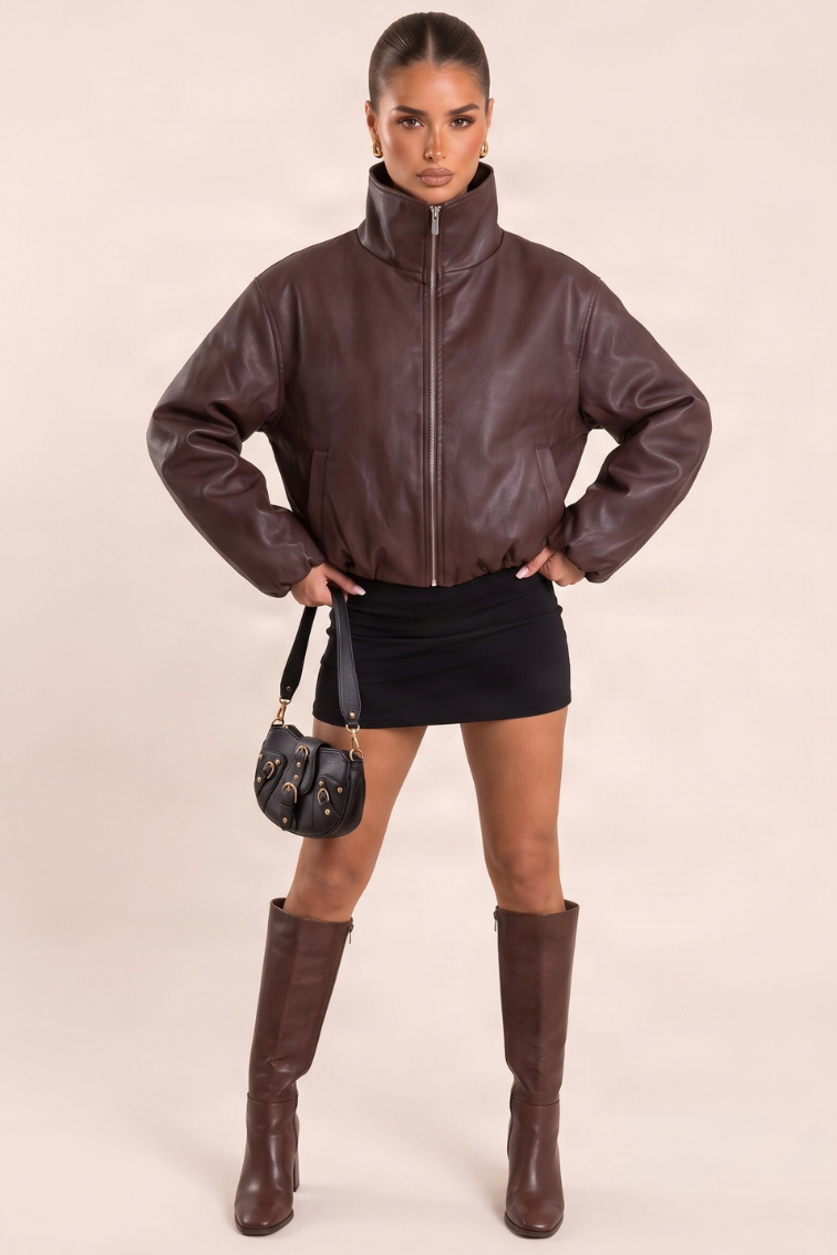 Chocolate Faux Leather Funnel Neck Oversized Bomber Jacket - Orlana