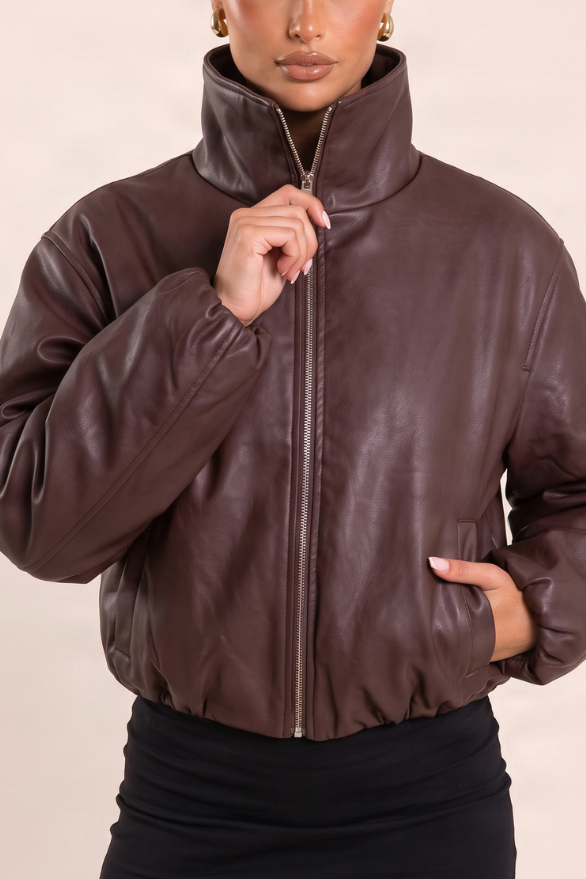 Chocolate Faux Leather Funnel Neck Oversized Bomber Jacket - Orlana